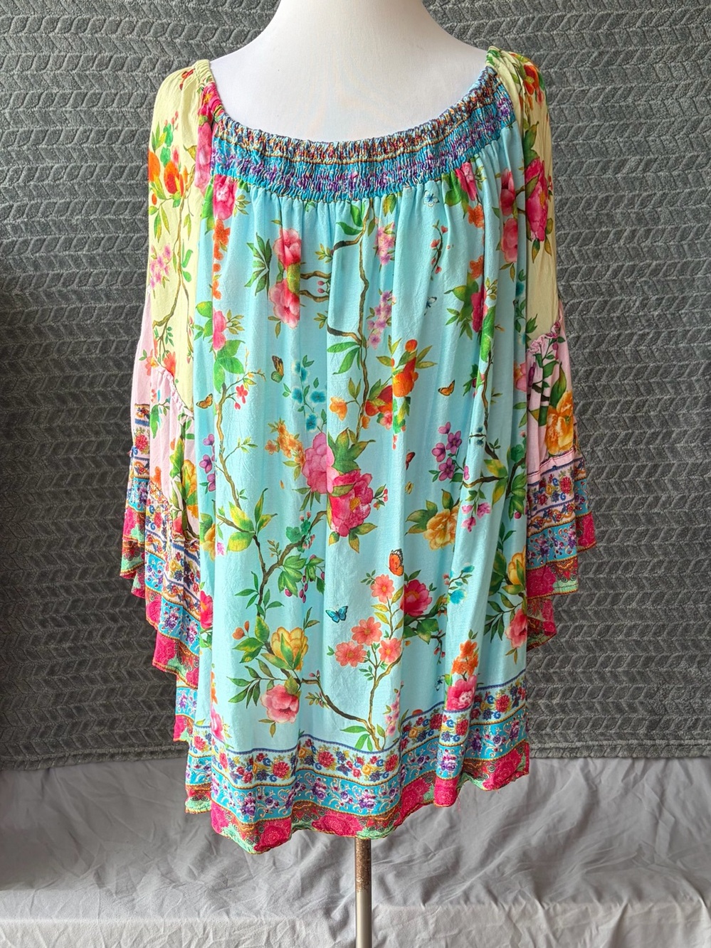 Boho Floral Off-Shoulder Tunic Top in Aqua